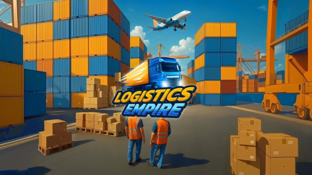 featured image for our news on Logistics Empire Truck Manager. It shows huge shipment containers in blue and orange stacked over one another. An airplane is flying over them and a truck is on the land.