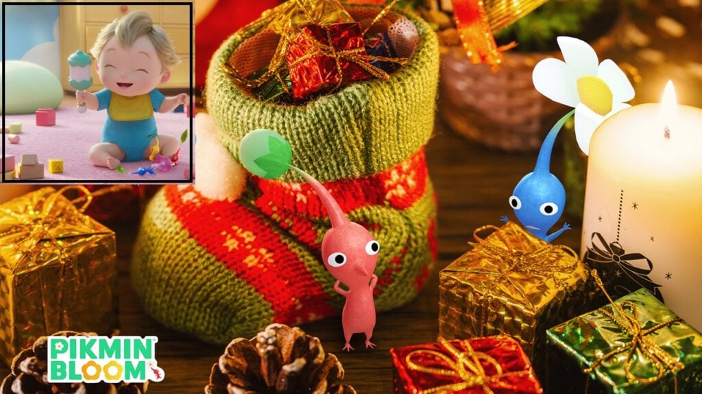 featured image for our news on Pikmin Bloom 2025 Ornament Decor Pikmin. It shows some Pikmin with gifts and bags of small ornaments.