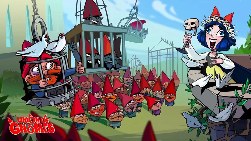 featured image for our news on Union of Gnomes. It shows a group of gnomes bringing a prisoner in a huge cage to their queen, who looks like (and is dressed like) Snow White.