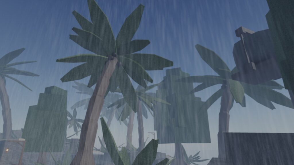 Feature image for our Why are Content Creators Getting Banned on Fisch guide showing palm trees on an island while it is raining.