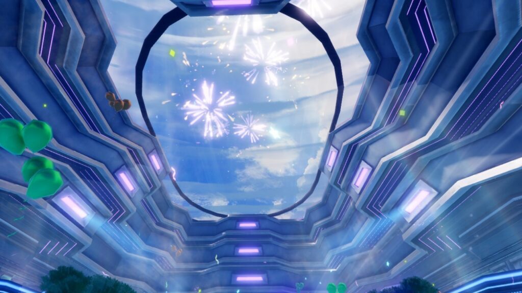 Feature image for our Anime Vanguards status effects guide. It shows fireworks in the air in the Anime Vanguards lobby.