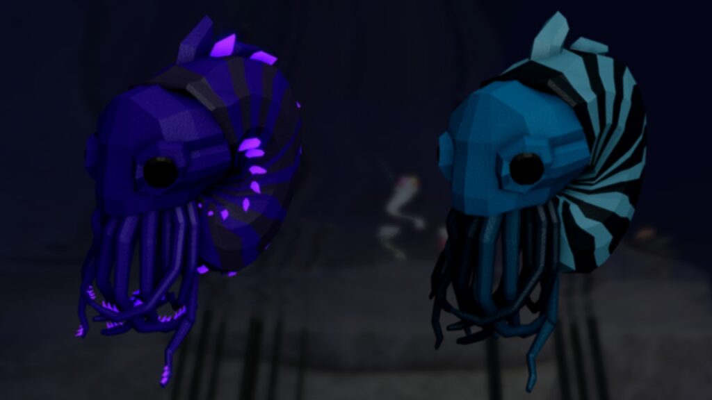 Feature image for our fisch cathulith guide showing the shell-like creature on the left which is a deep purple. On the right is a creature thats the same shape but blue, being the catholid