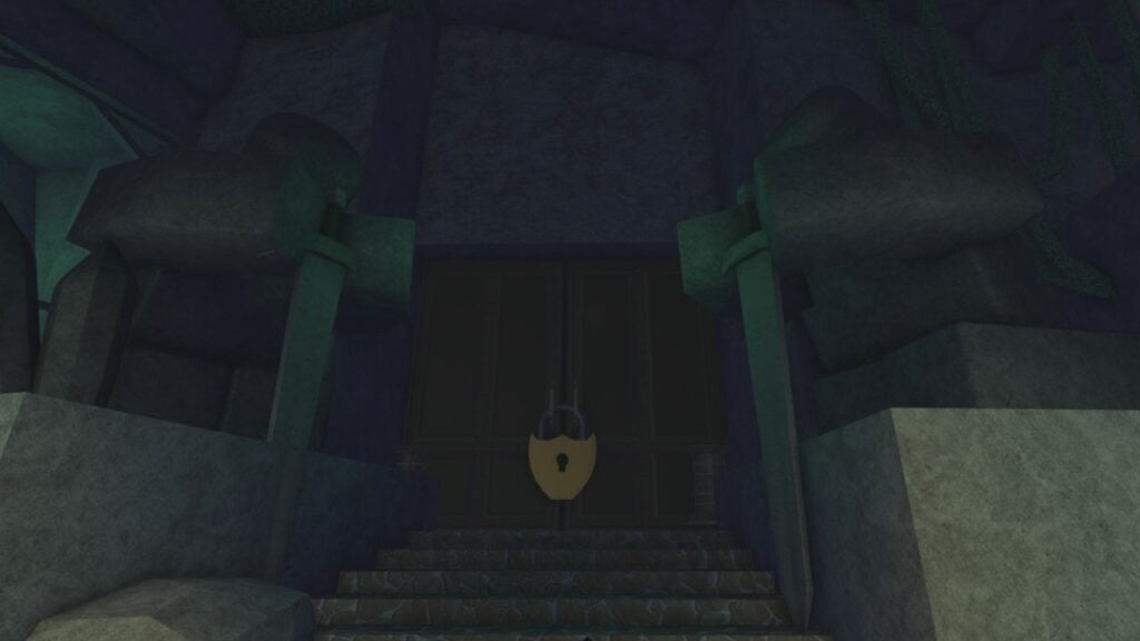 Feature image for our Fisch Hall Of Whispers bestiary. It shows the entryway to the Hall of Whispers, with two kneeling statues holding swords at either side.