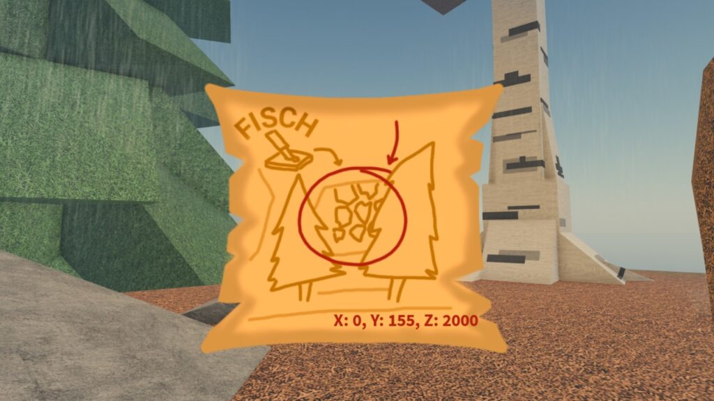 Feature image for our guide on how to find the Cultist Lair in Fisch. It shows an in-game map detailing the location of the Cultist Lair, with coordinates and a drawing of a cave with pine trees either side.