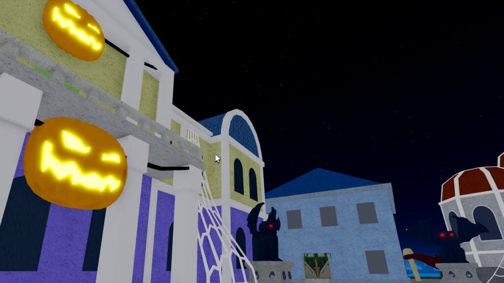 Feature image for our guide on how to get Candy Corn in Blox Fruits. It shows a building in Blox Fruits with Halloween decorations up.