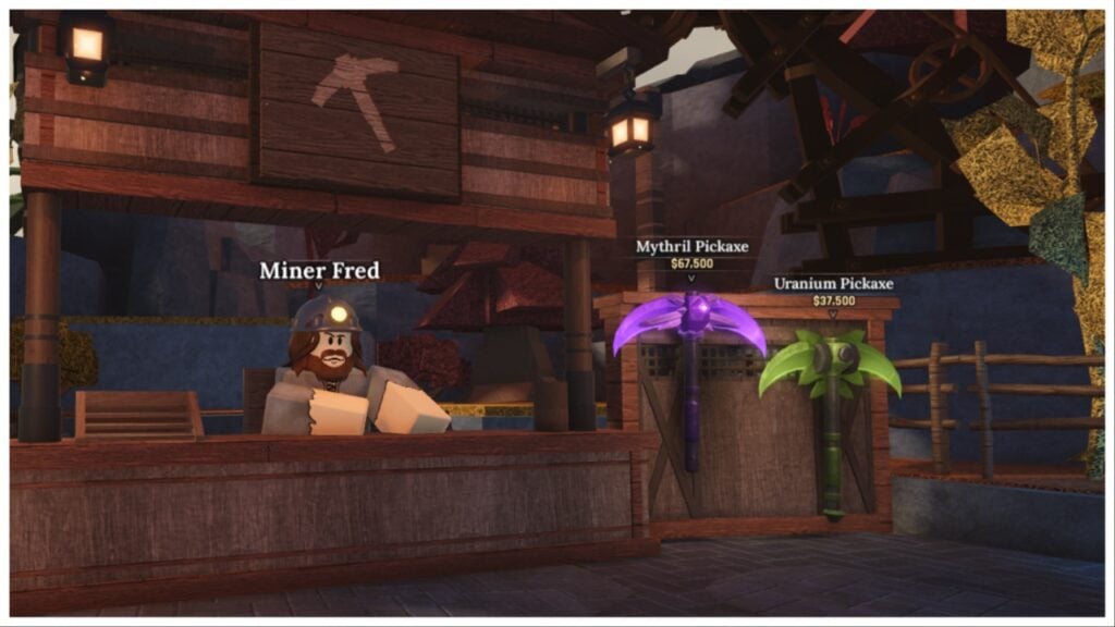 Image for our the forge pickaxe tier list showing the pickaxe merchant next to a bright purple pick and a bright green pick