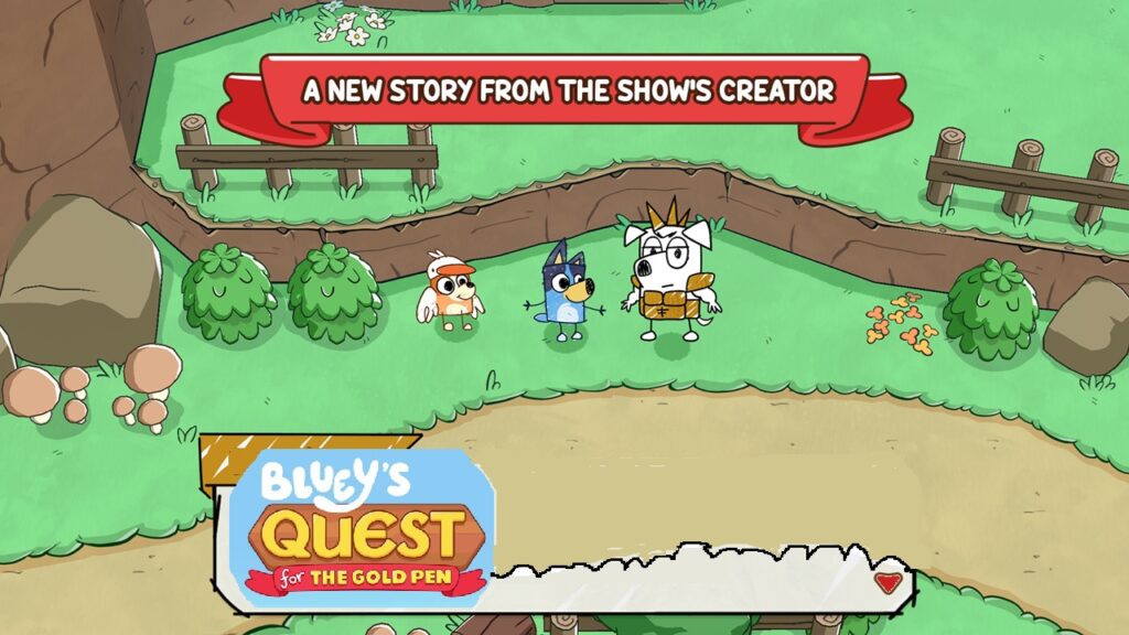 featured image for our news on Bluey's Quest for The Gold Pen. It shows Bluey, her sister Bingo and another character in a park with bushes and fences and trees..