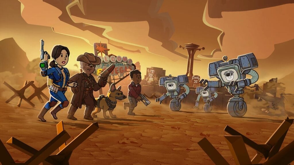 featured image for our news on Fallout Shelter Viva New Vegas. It shows people holding weapons like guns. They're in New Vegas and the surrounding Mojave region, desert-like with motels.