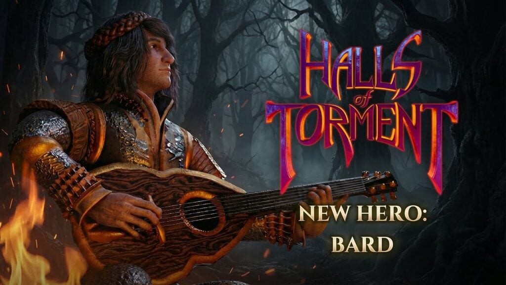 featured image for our news on Halls of Torment: Premium The Bard. It shows Bard sitting under a tree, holding a Lute and singing a song.