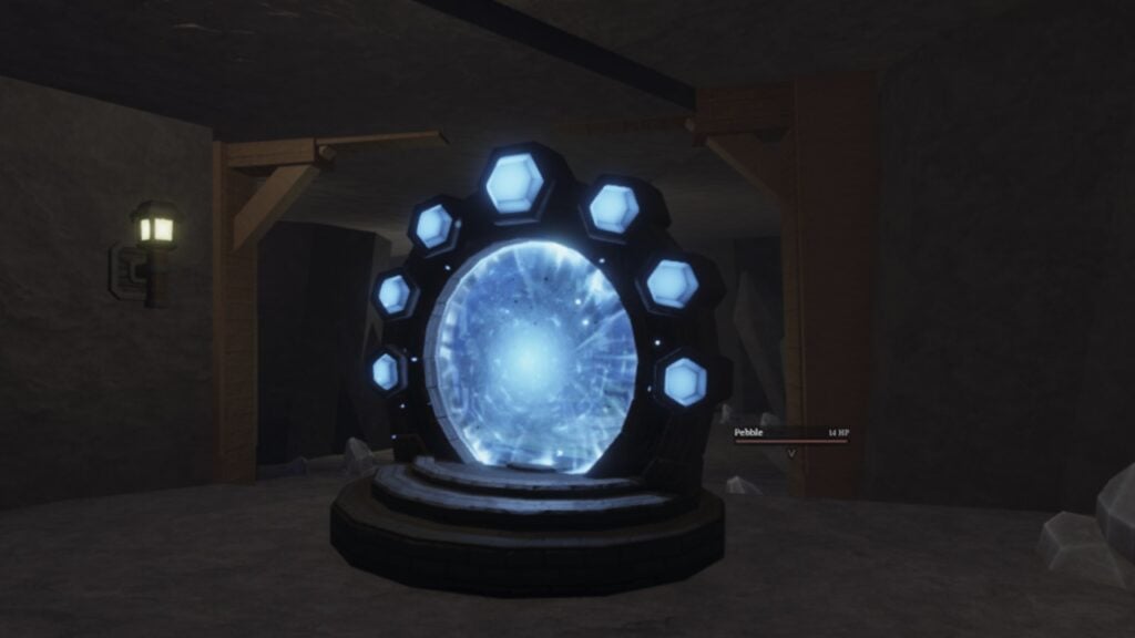 Feature image for our The Forge Miner Shards guide showing a blue portal inside a cave.