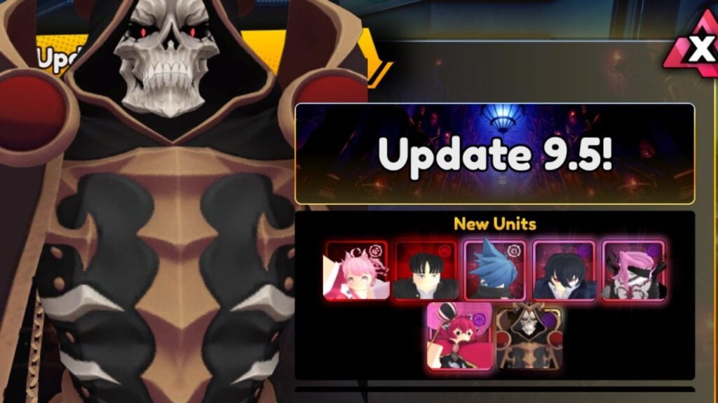 Feature image for our Anime Vanguards Update 9.5 tier list. It shows the update banner, with the faces of the units, and the hovering figure of the Lich King, a skeletal figure in a hooded robe.