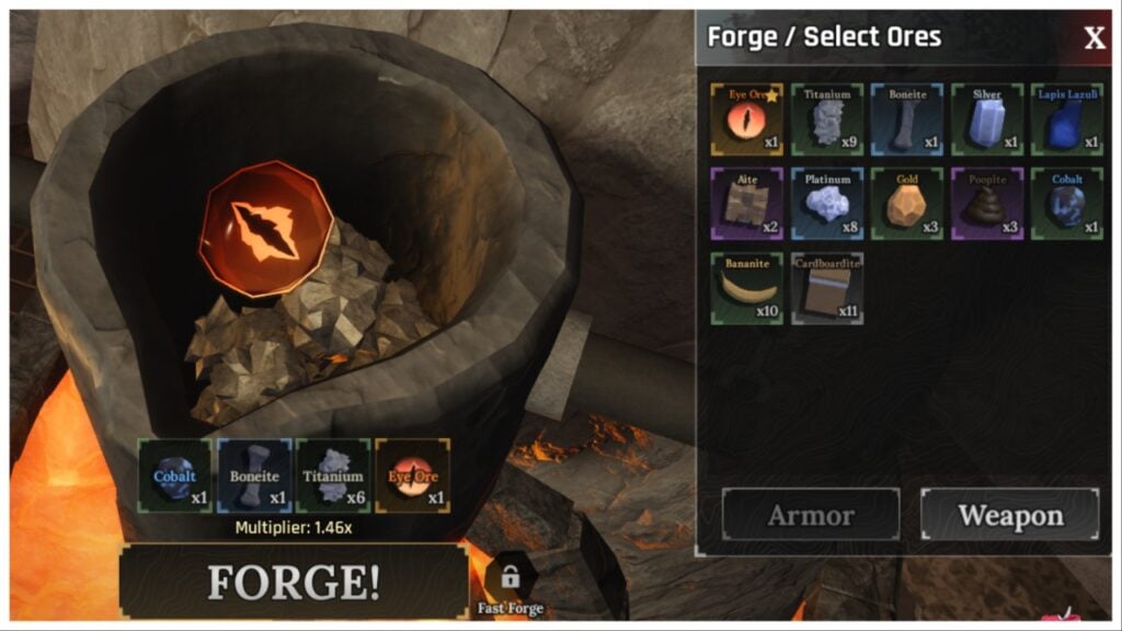 Feature image for our best multiplier ores in the forge guide showing the kiln with ores in the bucket and ores on the right