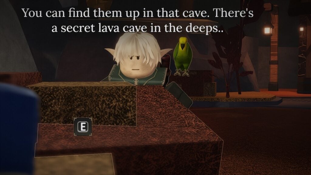 Feature image for our guide on how to complete Line's quest in The Forge. It show the NPC Line, a blonde elf with dirt on his face and a frowning expression, taking to the player character about a secret lava cave.