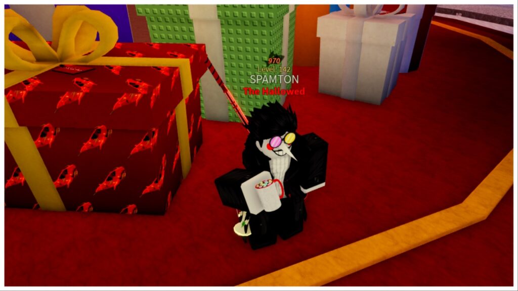 Feature image for our how to get hot cocoa in fisch guide showing a player dressed as spamton from deltarune standing before giant presents holding a hot cocoa