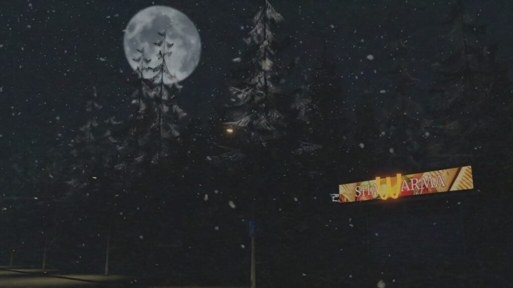 Feature image for our Scary Shawarma Kiosk The Anomaly all anomalies guide. It shows a screen from Scary Shawarma Kiosk, the kiosk standing alone at night in the snow, back by tress, with a full moon in the sky.