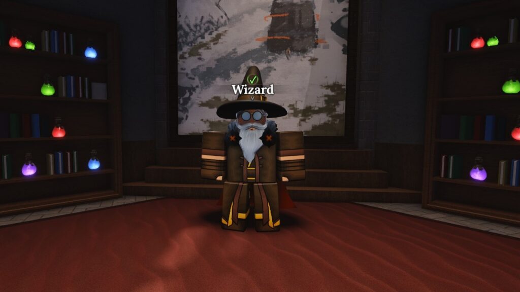 Feature image for our guide on the best race in The Forge. It shows the Wizard NPC, who you go to to change your face. He wears a robe, glasses, and a pointy hat.