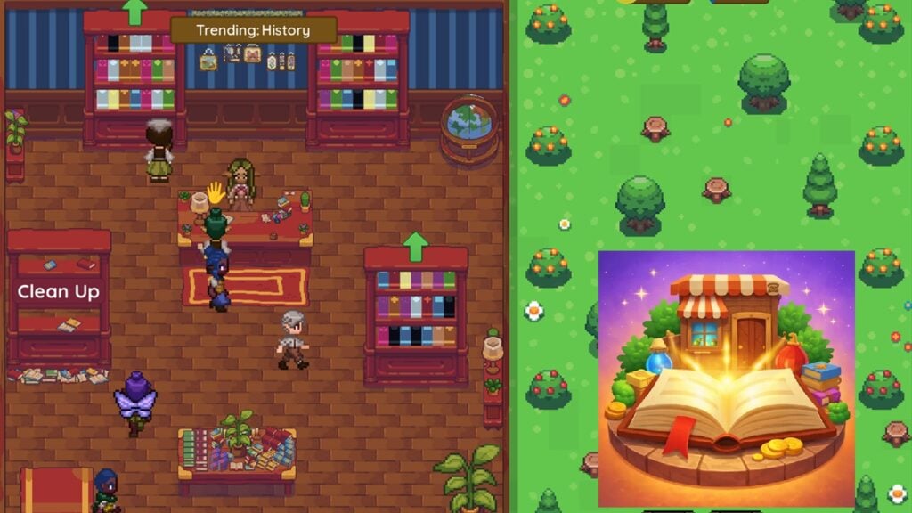 featured image for our news on Bookstore Quest - Idle Arcade. It shows a pixelated image of a library, a garden and a huge open book.