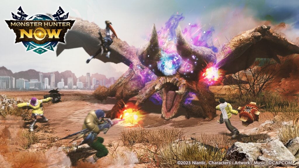 featured image for our news on Monster Hunter Now Riftborne Diablos. It shows Riftborne Diablos and a few humans fighting it.
