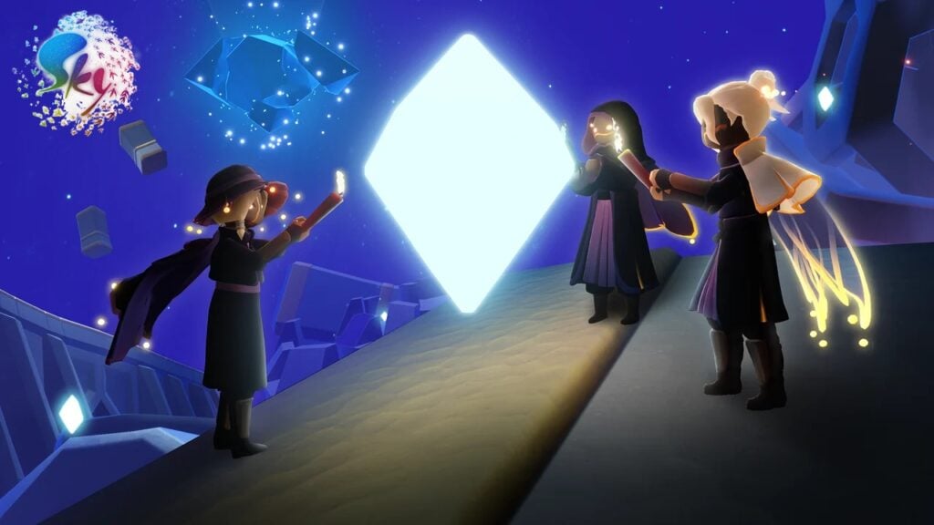 featured image for our news on Sky: Children of Light’s AR Camera. It shows three Sky children playing with a diamond-shaped light.