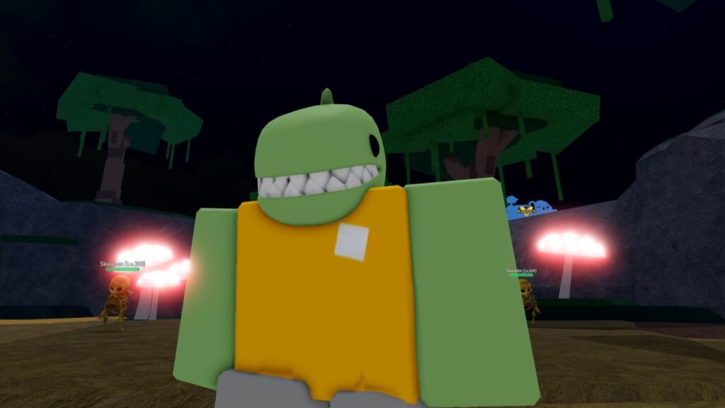 Feature image for our Rogue Piece relics guide. It shows a player character with a green T Rex head stood in-game in Rogue Piece, skeletons behind them.