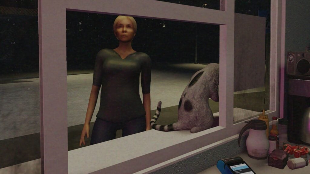 Feature image for our Scary Shawarma Kiosk The Anomaly Cat Lady guide. It shows the Cat Lady customer at the stand, an elderly lady with her hair tied back. On the counter, a black and white cat is cleaning itself. The cat appears to have markings on its back that resemble a screaming face.