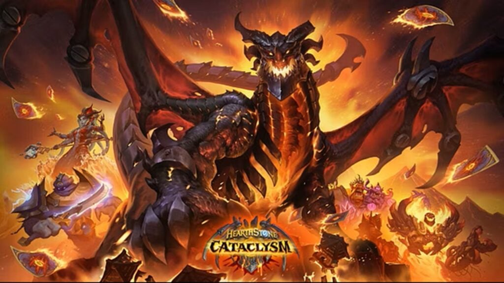 featured image for our news on Hearthstone Cataclysm. It shows a huge dragon with open wings.