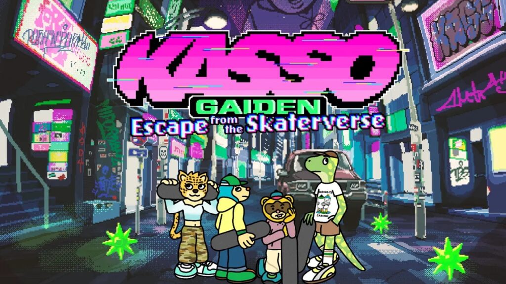 featured image for our news on KASSO GAIDEN: Escape from the Skaterverse. It shows a vibrant, neon-punk city with anthropomorphic animal characters.