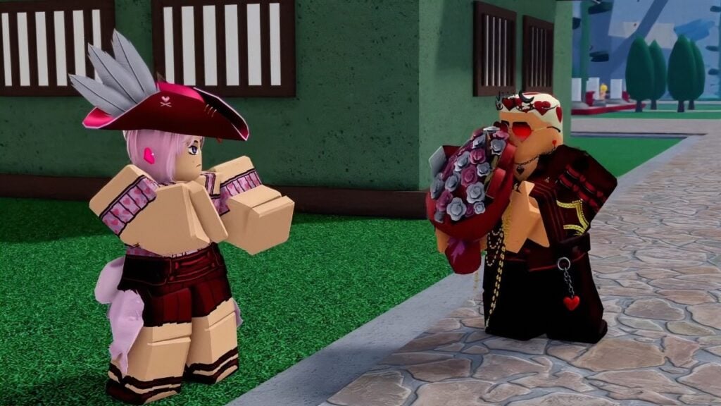 Feature image for our guide on what to expect in the Blox Fruits Valentines event 2026. A screenshot from the Blox Fruits Valentines trailer. It shows two characters standing in a town in-game. One character, with cropped hair marked with red hearts and heart-shaped shades, is handing a bouquet of flowers to another character with pink hair, who is wearing a blouse with hearts on and wearing a pink tricorn hat.
