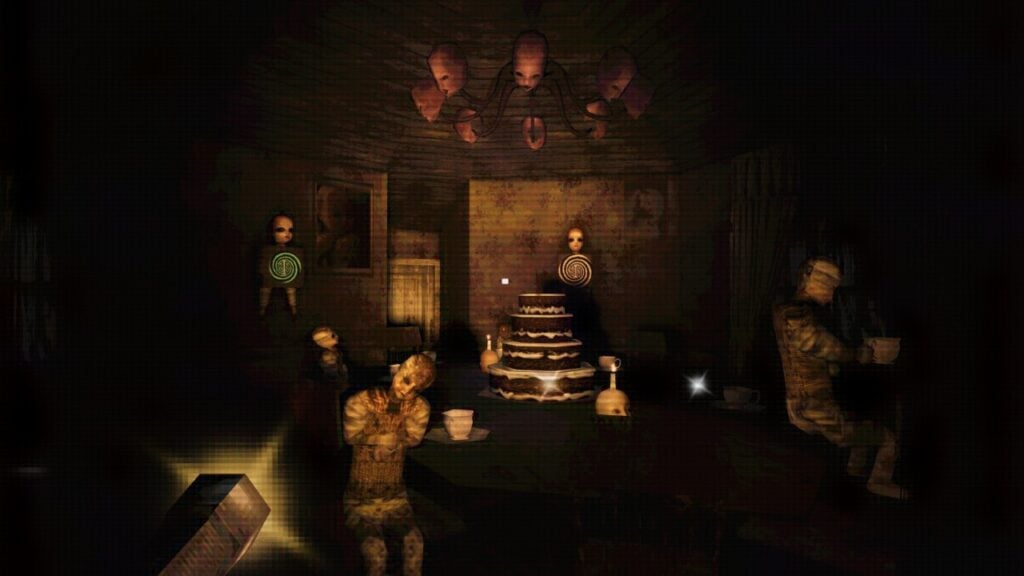 Feature image for our Dollhouse Massacre code guide. It shows an in-game screen of the Tea Party Room, a gloomy, dirty room with a cake and tea set, with unsettling eyeless dolls say around the table. There are clocks on the wall made from dolls with different colored panels on the front.