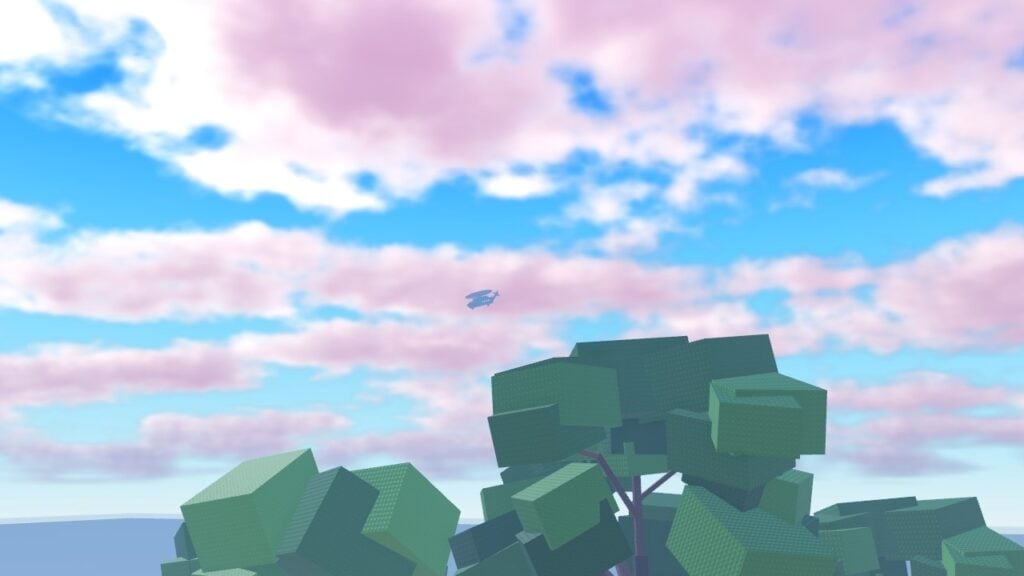 Feature image for our article on the Garden Horizons helicopter. It shows an in-game screen of a view of the blue sky with clouds, with a helicopter or chopper in the sky a distance away, viewed over some treetops.