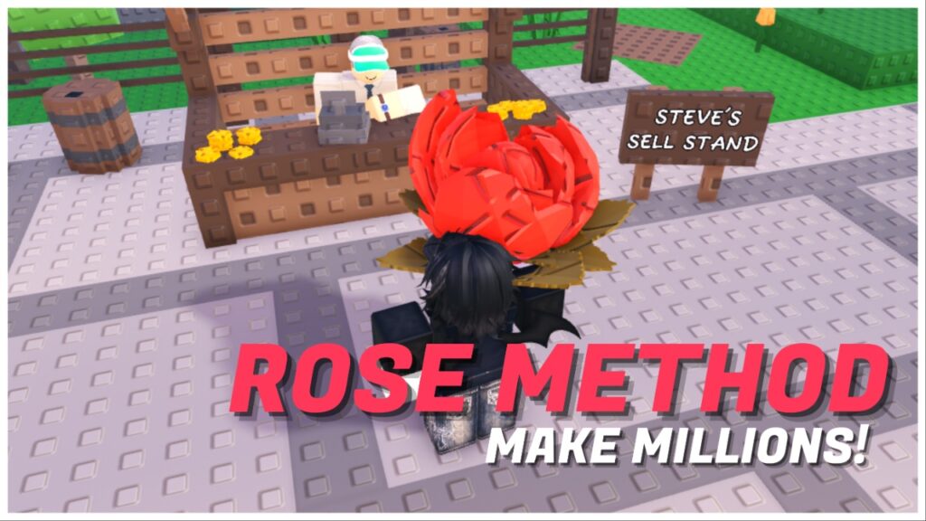 Feature image for our garden horizons rose method guide showing a player holding a rose towards the seller npc with the text ROSE METHOD MAKE MILLIONS written over the players back