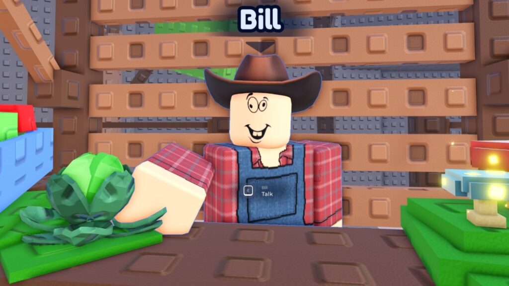 Feature image for out Garden Horizons seeds guide. It shows Steve, shopkeeper at Steve's Seed Shop, an NPC in a red shirt, overalls, and a wide-brimmed had who is standing at a stall covered in produce.