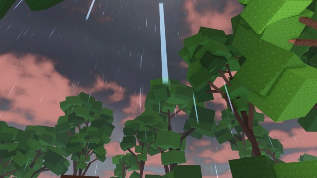 Feature image for our Garden Horizons weather guide. It shows an in-game screenshot of a view of the trees from the garden, with rain falling from a cloudy sky.