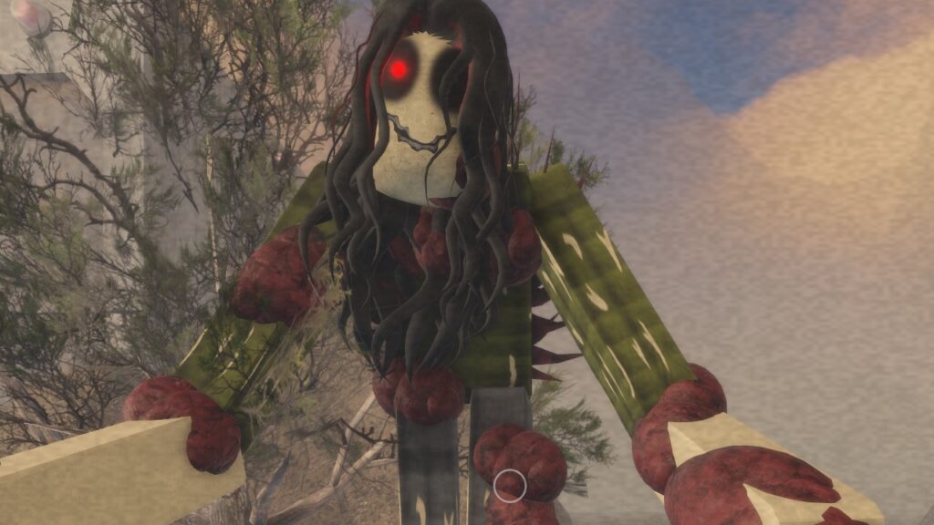 Feature image for our guide on how to play Bunker 09. It shows the point of view of a player in-game as a horrible creature with elongated limbs, a mask-like face, and one red eye reaches its long, red-lump-covered arms towards the viewer.