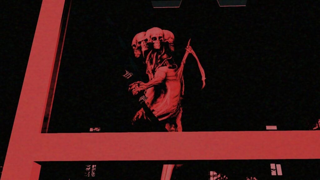 Feature image for our Scary Shawarma Kiosk The Anomaly Cupid event. It shows a screenshot from Scary Shawarma Kiosk: The Anomaly, with the figure of Cupidon, a horrifying humanoid creature with multiple skull-like heads and skeletal wings, seen through a red and black tinted camera filter.