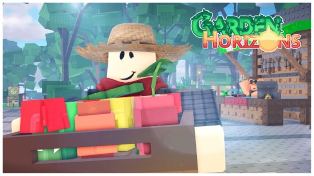 Feature image for our what to expect in garden horizons guide showing the main youtube thumbnail of a character in a farmerns straw hat holding a crate of fruits as he walks away from a gear merchant tinkering away at her wooden stall