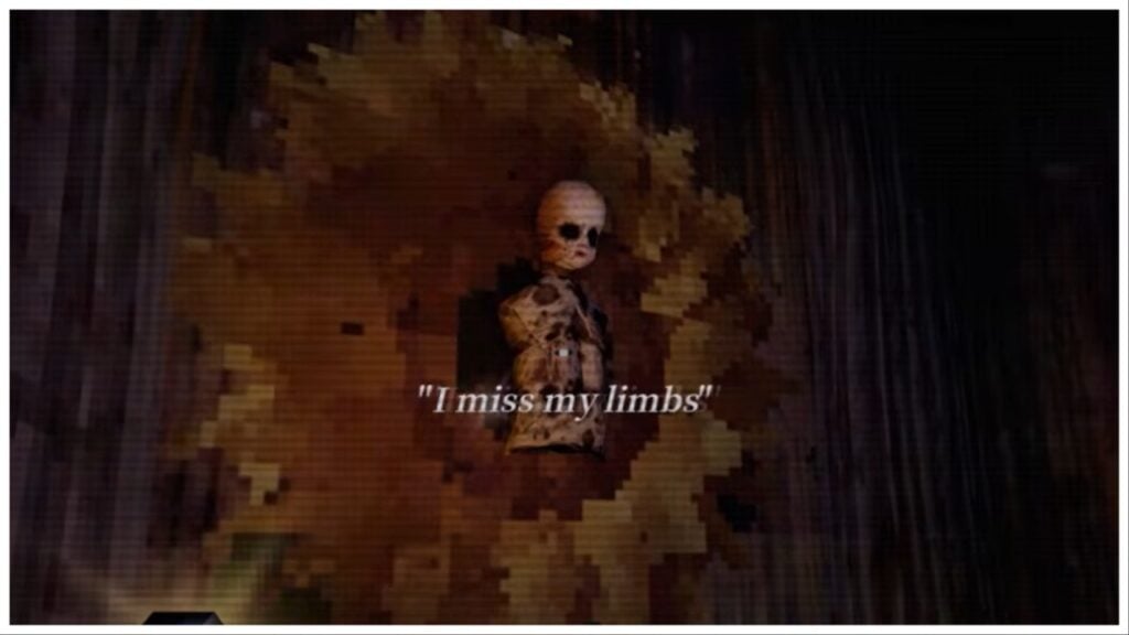 Feature image for our where to find the doll parts in dollhouse bloodshed showing the mauled doll attached to the wall saying "I miss my limbs"