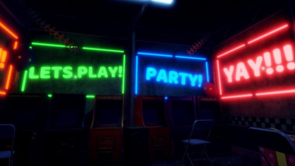 Feature image for our Bite By NBight class guide. It shows a screenshot from Bite By Night, displaying the arcade machines in the pizzeria lobby, with neon signs overhead with the words 'Let's play!', 'Party!' and 'Yay!!!'