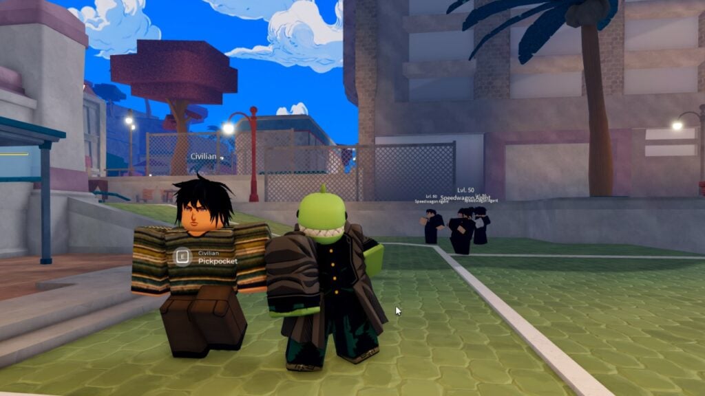 Feature image for our Bizarre Lineage Civilians guide. It shows in in-game screenshot of a player character with a green dinosaur head. They are standing next to an NPC labelled 'Civilian', which appears to be a dark-haired man in a striped sweater.
