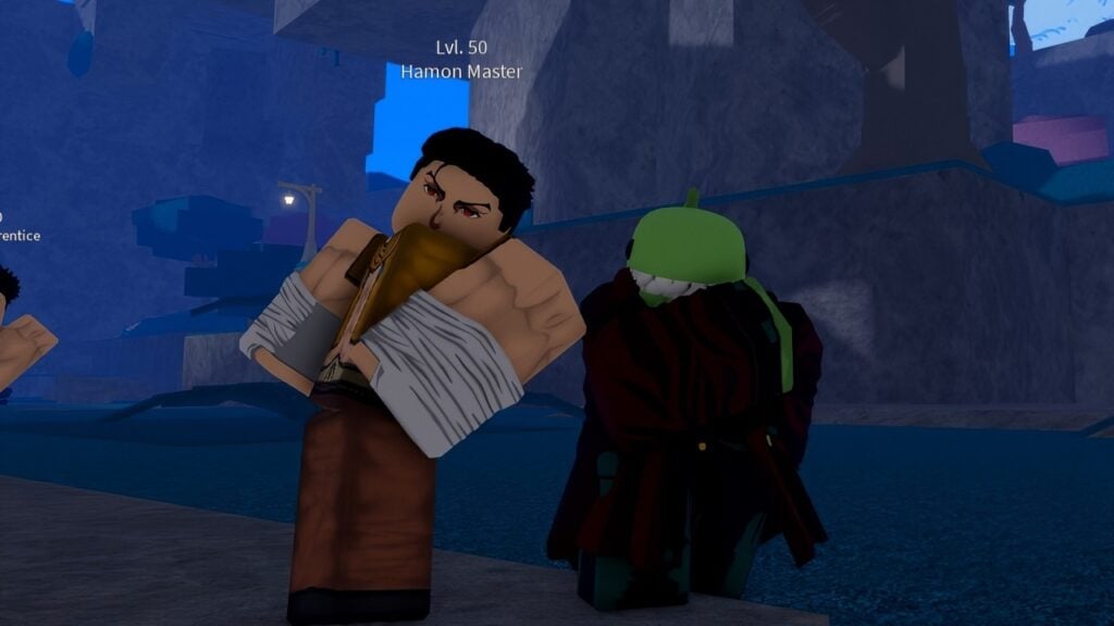 Feature image showing a Bizarre Lineage Hamon Master mob in game, a blocky figure with dark hair, and wrapped hands. A player character with a green dinosaur head wearing a red trench coat poses next to them. The backdrop is the game's graveyard.