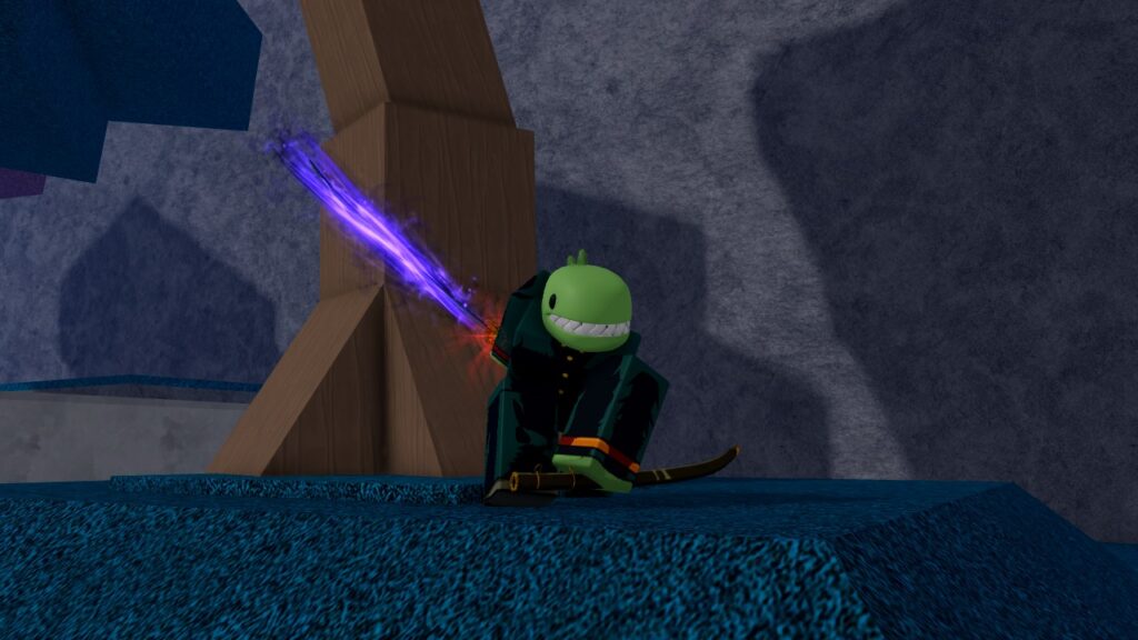 Feature image for our Bizarre Lineage Anubis guide It shows a player character with a green dinosaur head striking a superhero landing pose with Anubis, a Stand that looks like a katana wreathed in purple energy.