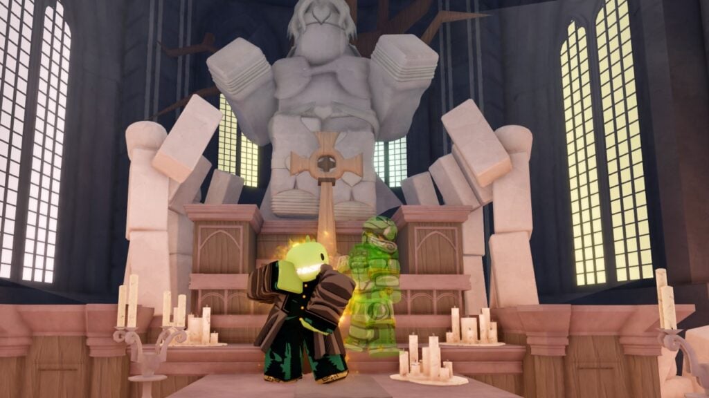 Feature image for our guide on how to become a Vampire in Bizarre Lineage. It shows an in-game screen player character with a green dinosaur head with a green version of Gold Experience posing on the altar of DIO's Chapel, under the statue of the vampire, DIO.