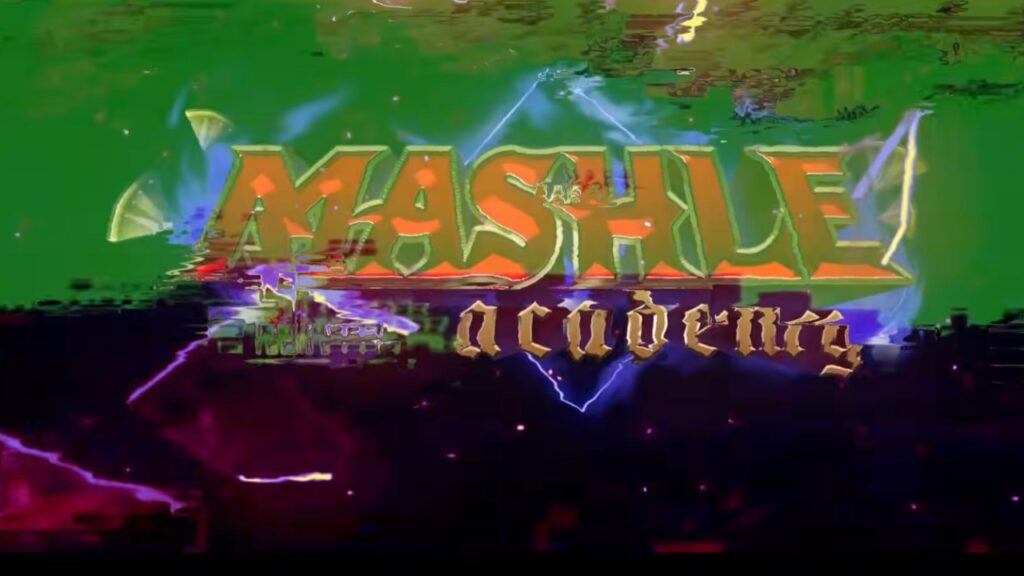 Feature image for our Mashle Academy tier list. It shows a screen from the Mashle Academy trailer, with the game's logo glitching and warping, the colour undergoing chromatic aberration.