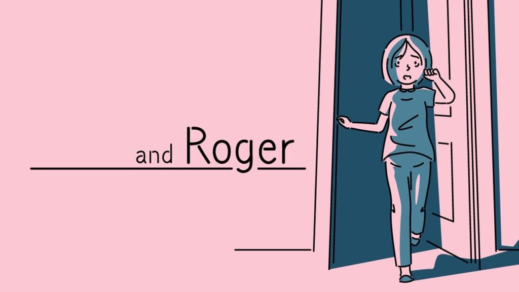 featured image for our news on and Roger visual novel. It shows a minimalistic image of a girl standing beside a door.