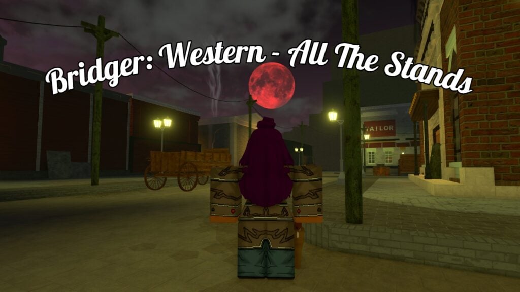 Feature image for our Bridger Western Stands index. It shows a screenshot from Bridger Western, with a female player character with long purple hair standing in an old west town, looking towards a red moon in the sky. Text over the top reads 'Bridger Western - All The Stands'.