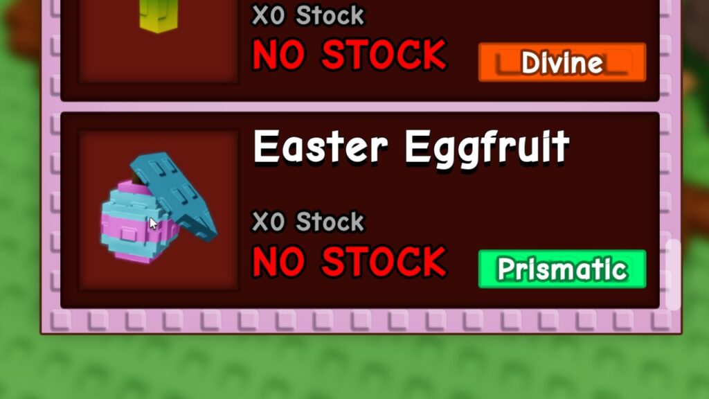 Feature image for our guide on Grow A Garden Easter Eggfruit. It shows a screenshot from Grow A Garden, showing the listing for the Easter Eggfruit, a fruit that resembles a blue and pink striped Easter Egg with a leaf on top.