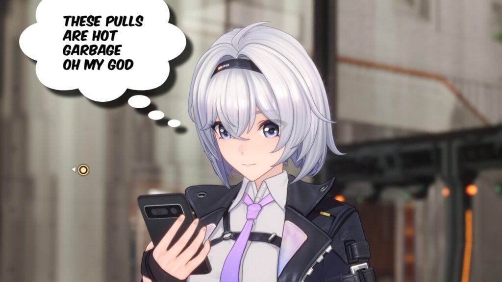 Feature image for our guide on how to reroll in Neverness To Everness. It shows and in-game screenshot of the player character, Zero, looking at her phone. A thought bubble appears overhead saying 'These pulls are hot garbage, oh my god.'