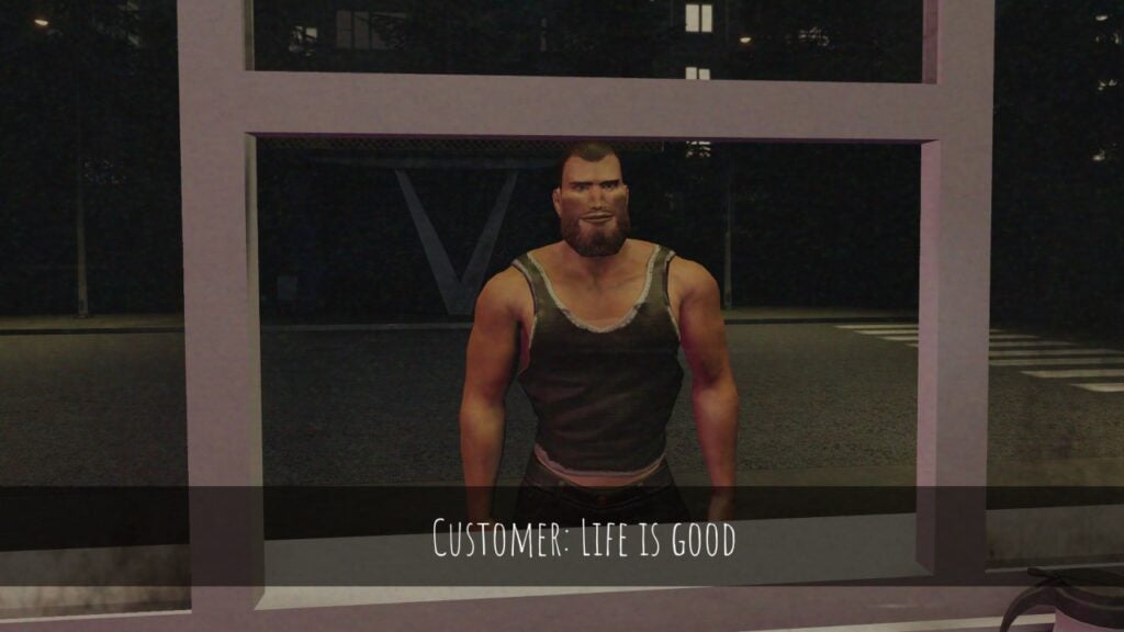 Screenshot from Scary Shawarma Kiosk The Anomaly. It shows a view of a customer, a muscular man in a tank top with a very chiseled jawline.