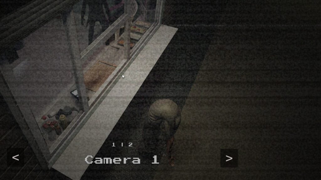 Screenshot showing a view from the CCTV camera, showing a customer standing at the kiosk, bent completely backwards, head touching the back of his knees.