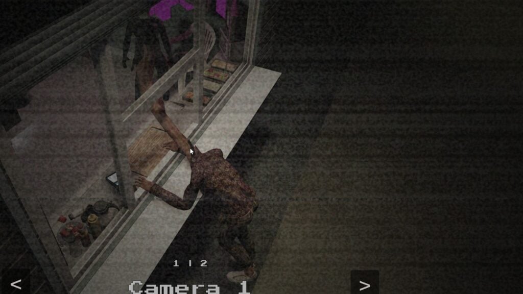 Screenshot showing a CCTV view of a customer leaning on the counter of the kiosk, their neck extending unnaturally to look over the player's shoulder.